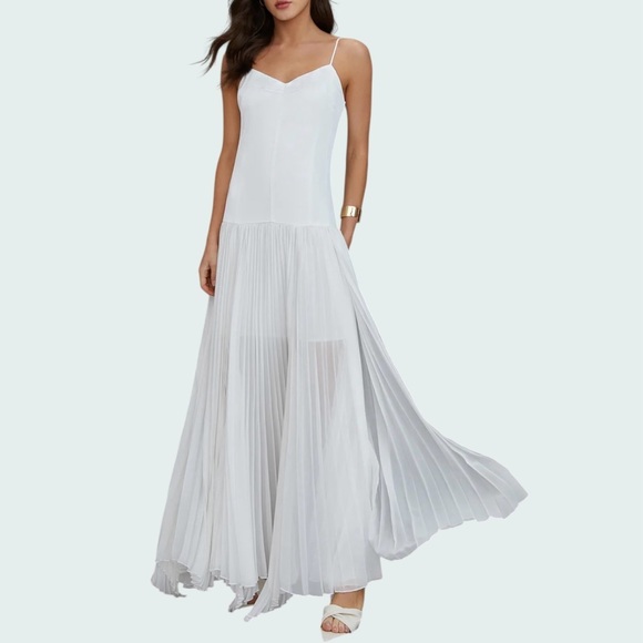 Commense Dresses & Skirts - Commense White Pleated Chiffon Maxi Dress Satin Bodice Semi Sheer Small NWT